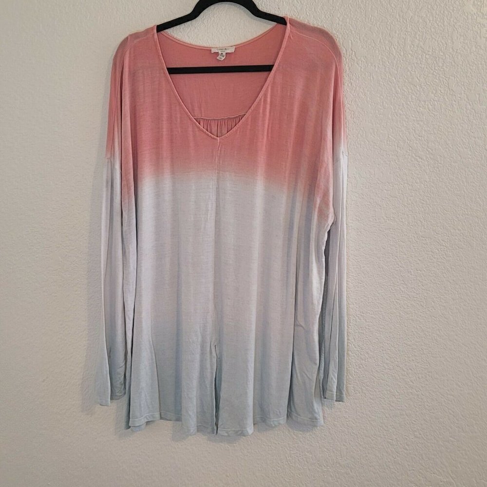 Como Blu Pink & White Ombre Two-Tone V-Neck Long Sleeve Tee Plus Size 3X - Picture 2 of 11